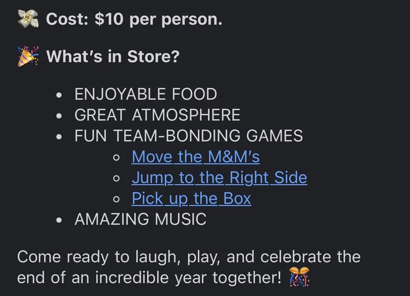 Store sign listing food, games, music, and prices for a year-end event.