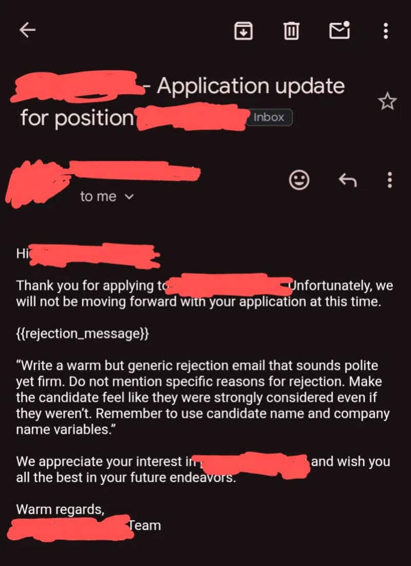 Email rejection message for job application with generic response.