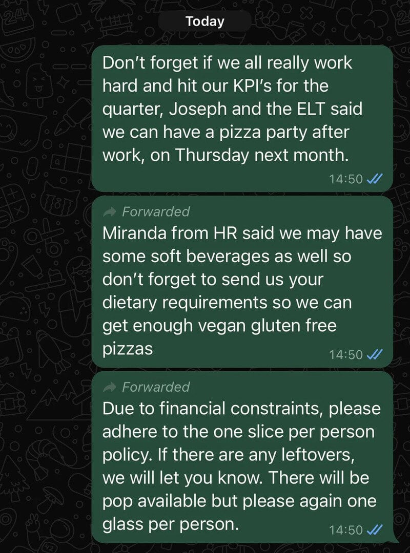Work chat with messages about KPIs, pizza party, beverages, and glass policy.
