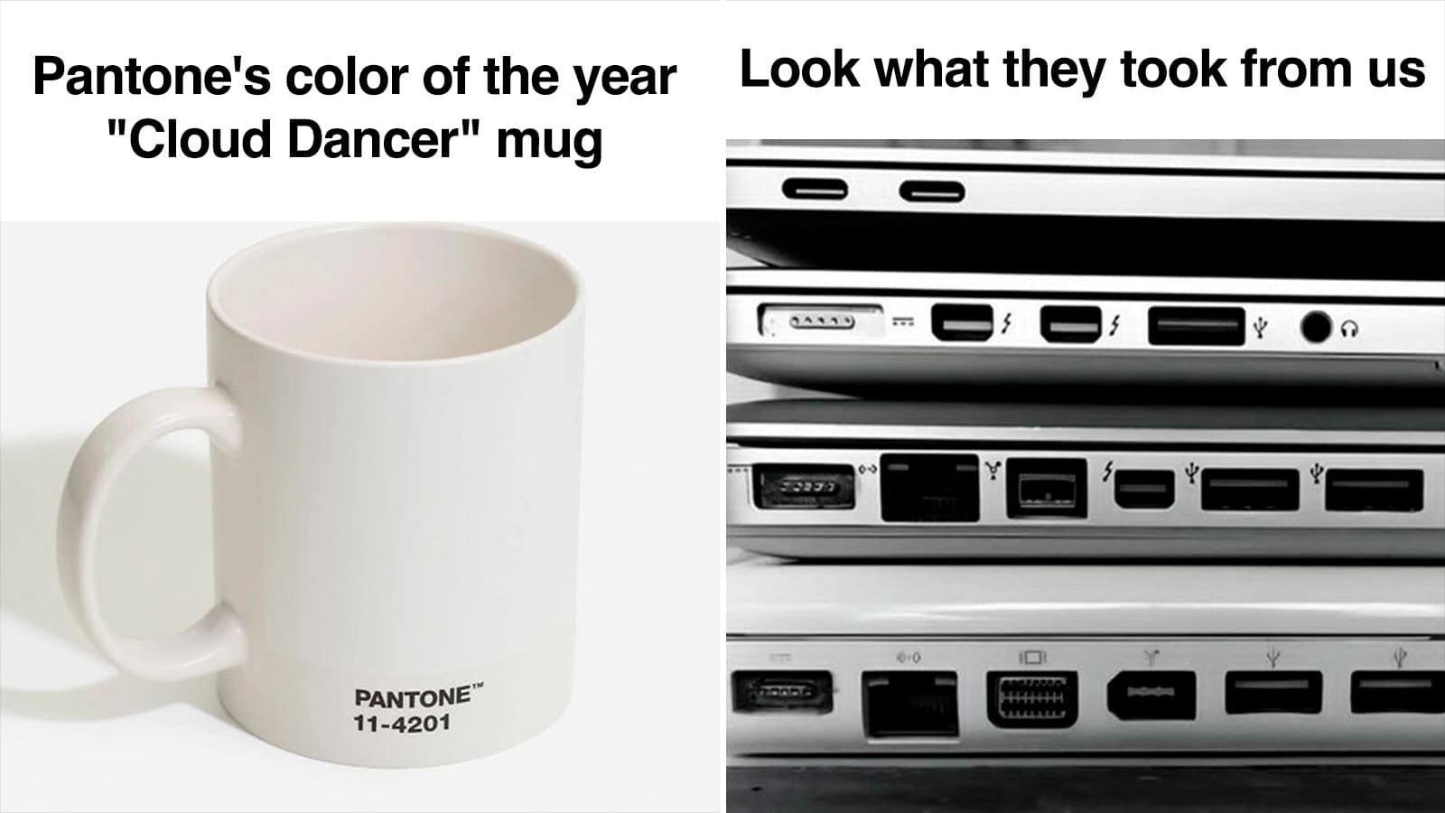 Pantone's color of the year 'Cloud Dancer' mug and various laptops with ports.