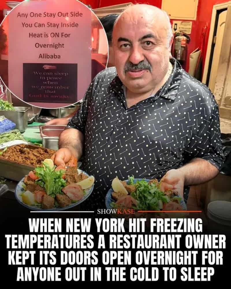 Restaurant owner with food, sign about staying inside during cold weather, and text about New York's.