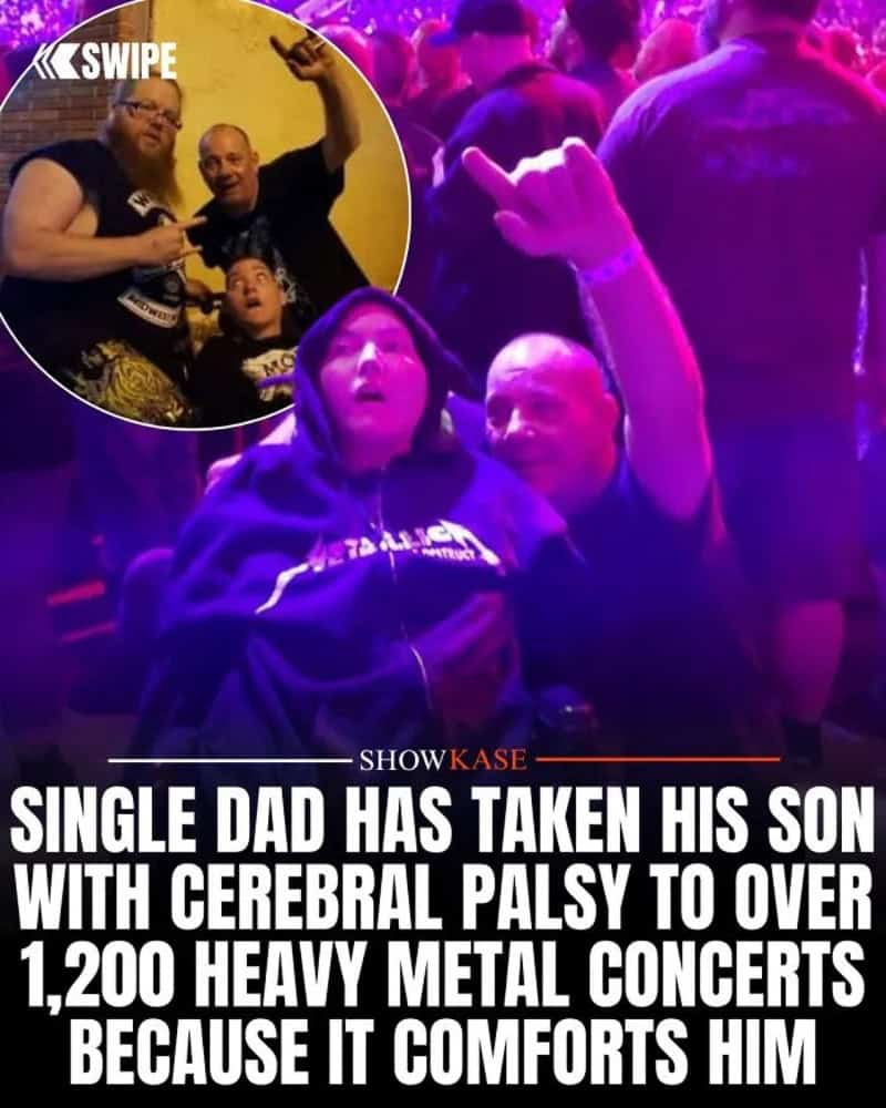 Single dad with cerebral palsy at heavy metal concert with son, both smiling.
