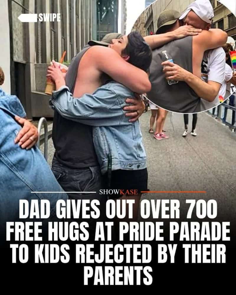 Dad giving hugs at Pride Parade, rejected by their kids, with text about free hugs.