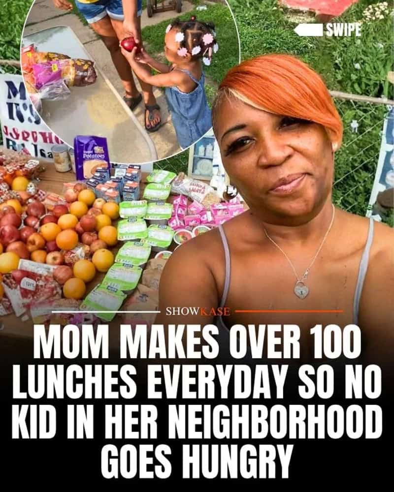 Mom at a market stall with fruits, children in background, showing a confident expression.