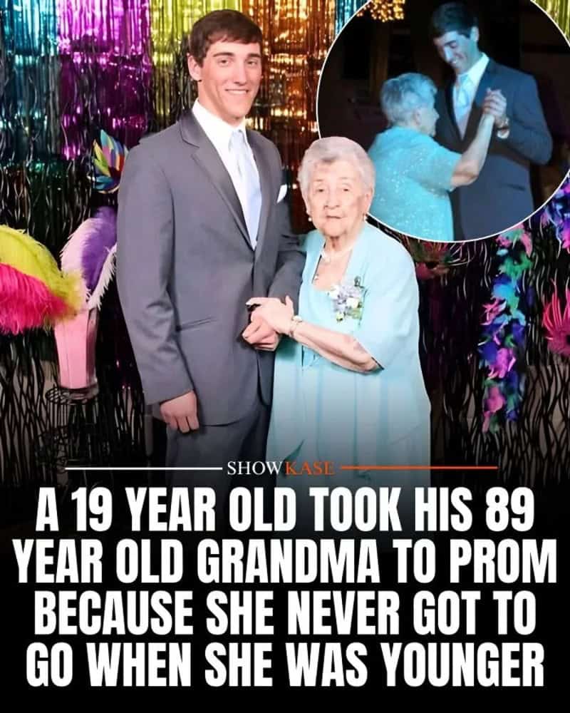 A young man in a suit with his 89-year-old grandma at prom, with a colorful backdrop.