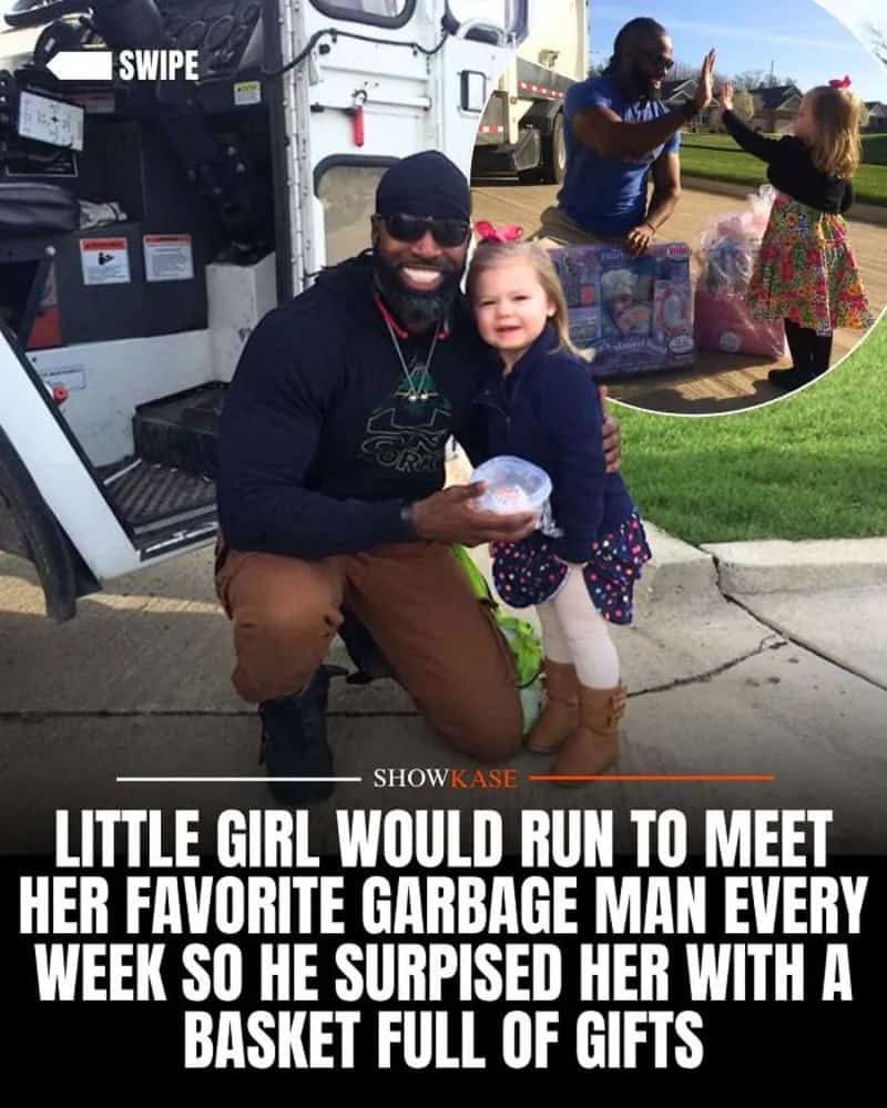 Little girl meets garbage man with gifts, smiling and hugging him.