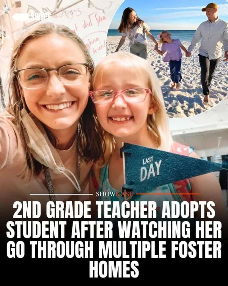 Smiling woman and girl with glasses at the beach holding a 'Last Day' sign.