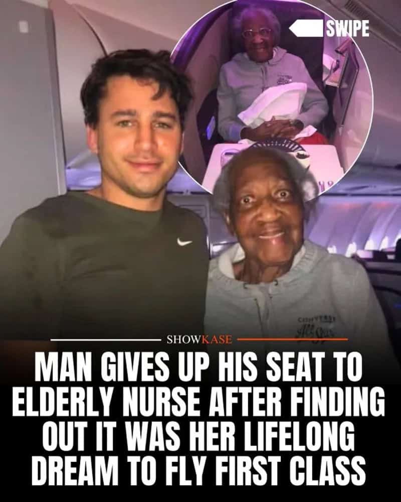 Man gives up seat to elderly nurse, who is smiling, in a plane cabin.