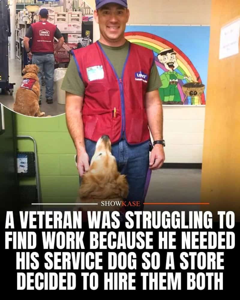 Veteran with service dog at store, smiling, colorful background with rainbow and cartoon character.
