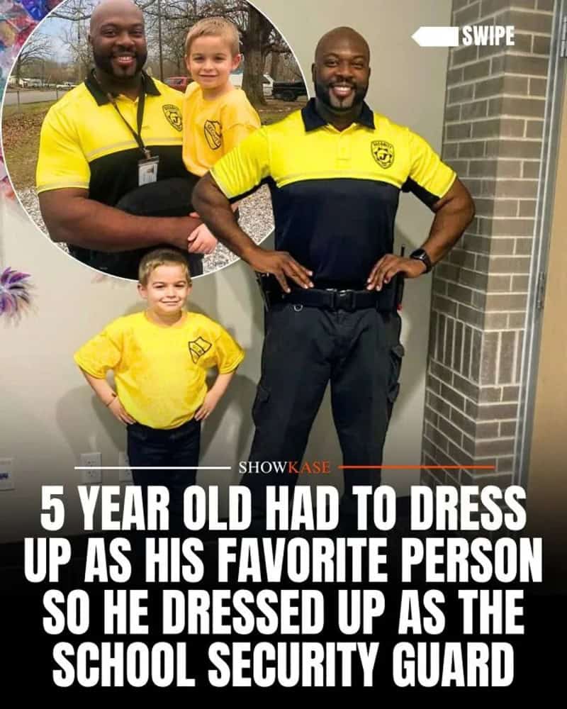 Two school security guards and two children in yellow shirts, one dressed as a security guard.