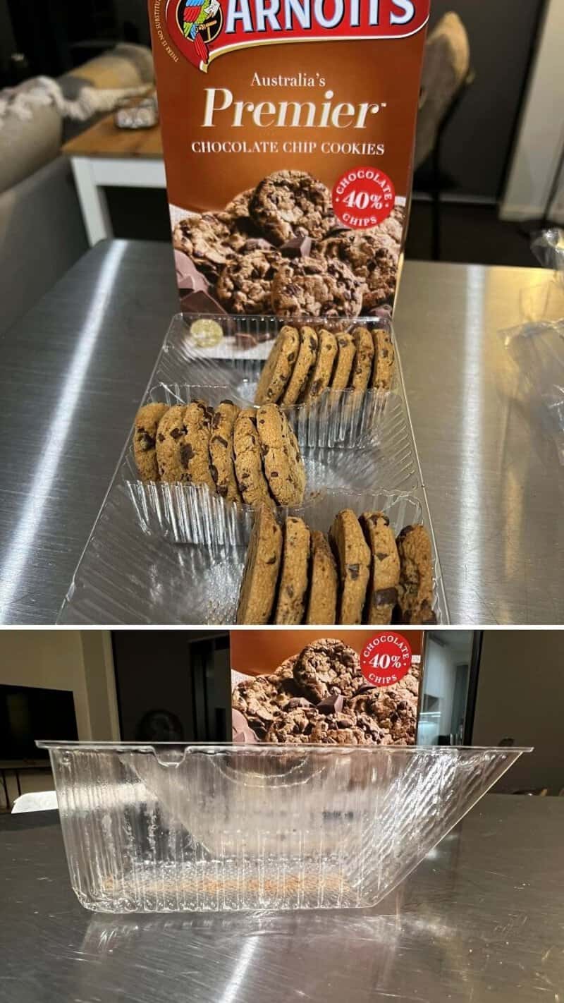 Australia's Arnott's Premier chocolate chip cookies box with cookies in a clear tray.