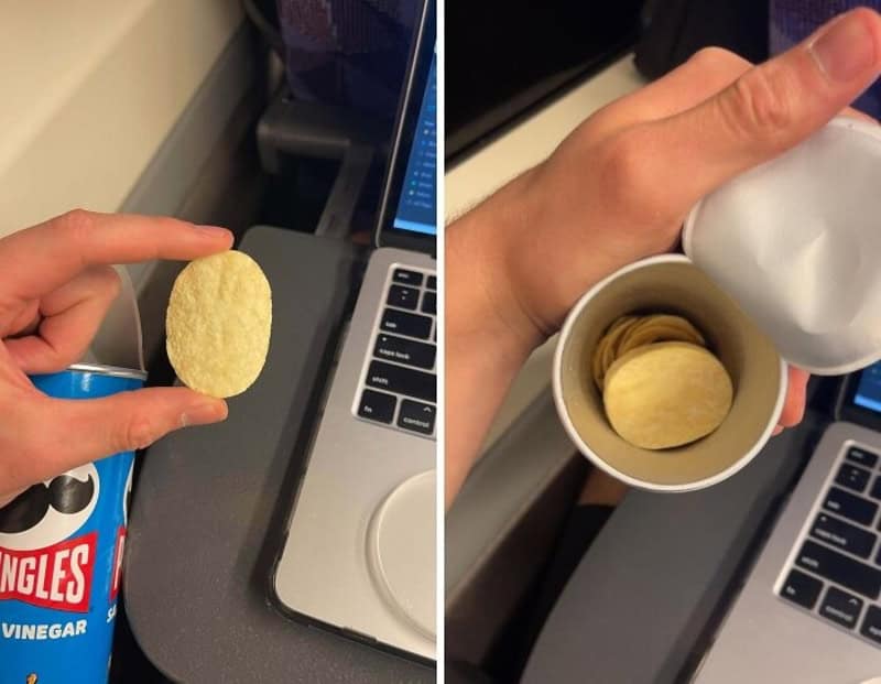 Person holding a round potato chip near a laptop and a can of Pringles; in another frame a hand tilD.