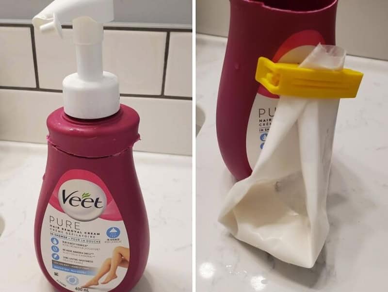 Veet Pure hair removal lotion bottle with pump, next to a tissue-wrapped cap and a yellow clip on a.