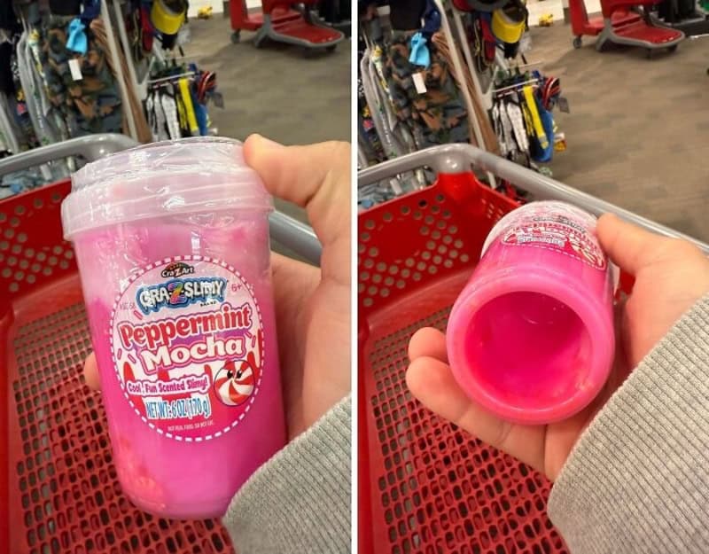 Peppermint Mocha Grown Slime bottle held in shopping cart with store aisle in background.
