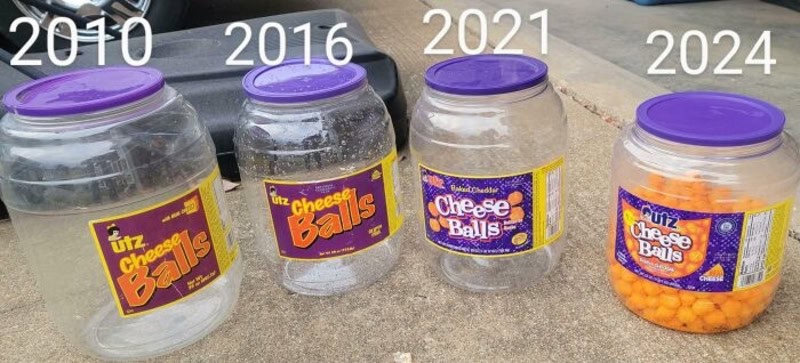 Evolution of plastic peanut butter cheese balls jars with purple caps, ages 2010, 2016, 2021, 2024.