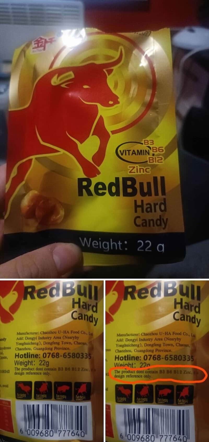 Red Bull Hard Candy packaging with red bull logo, text 'Red Bull Hard Candy' and weight 22 g; yellow.