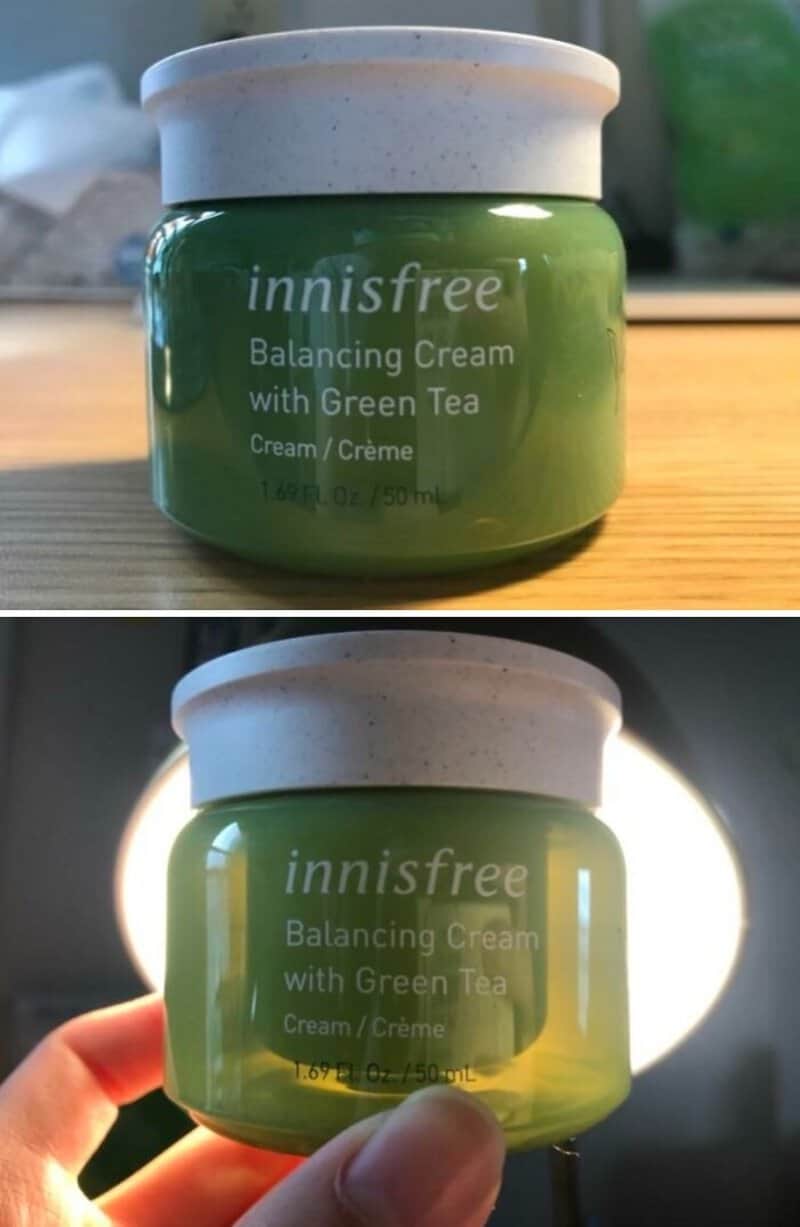 Innisfree Balancing Cream with Green Tea jar on wooden surface, two-panel image.