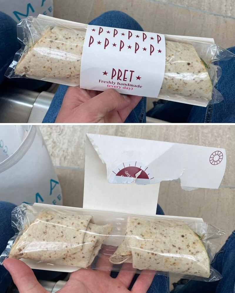 A white bar in clear wrapper with specks, label reads PRET Freshly handmade.