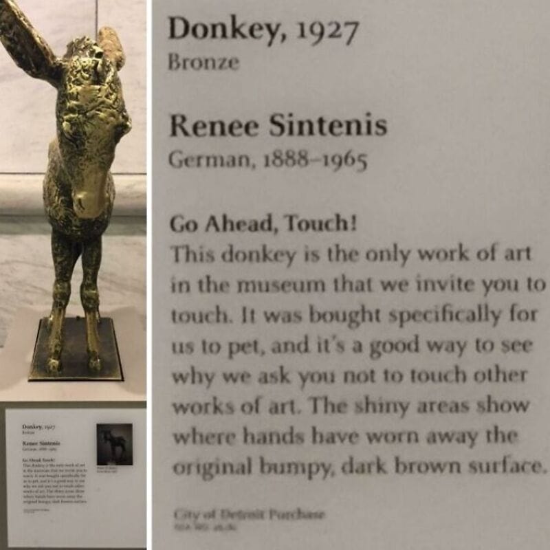 Bronze donkey sculpture from 1927 with museum description and artist info.