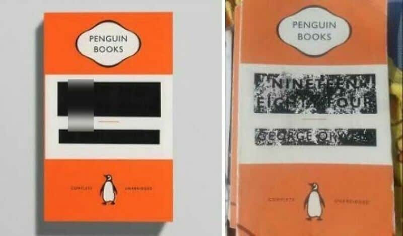 Two Penguin Books with blacked-out titles, orange covers, and Penguin logo.