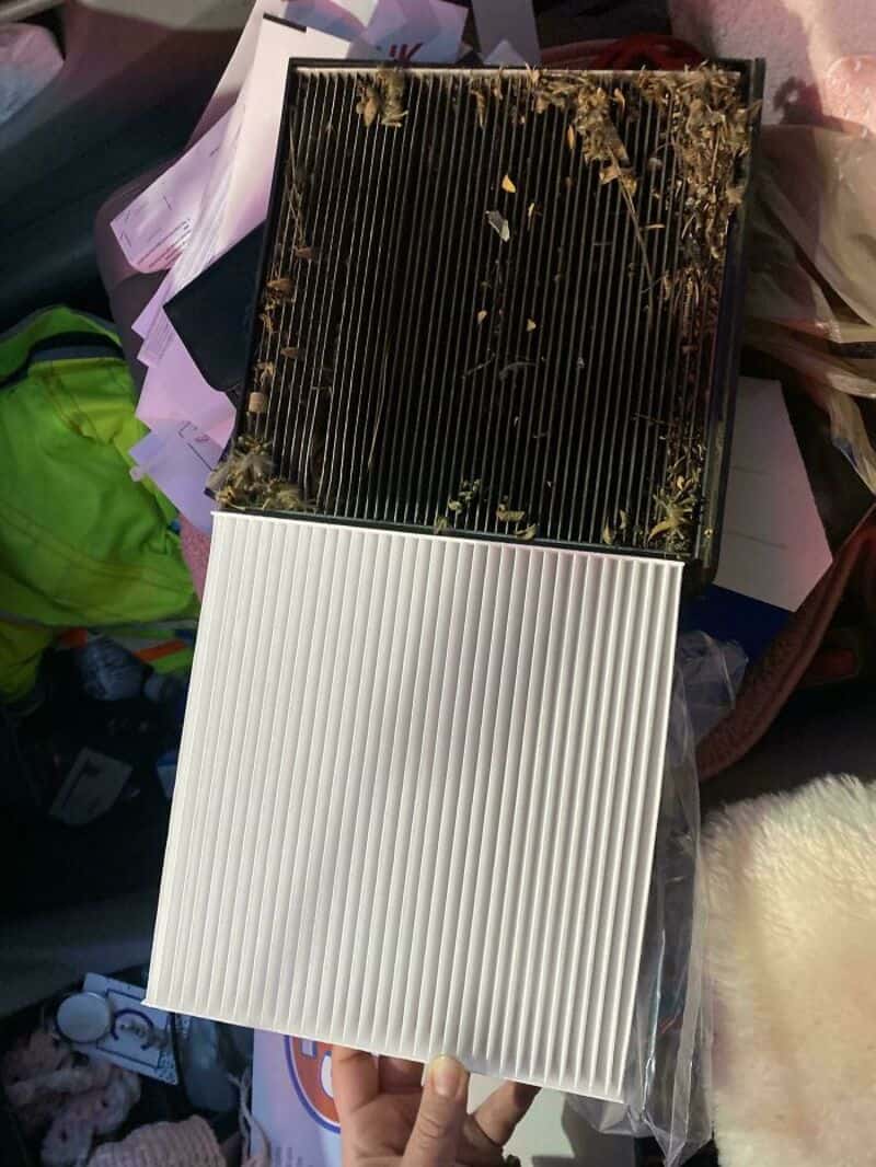 Dirty air filter with dust and debris on the top part.
