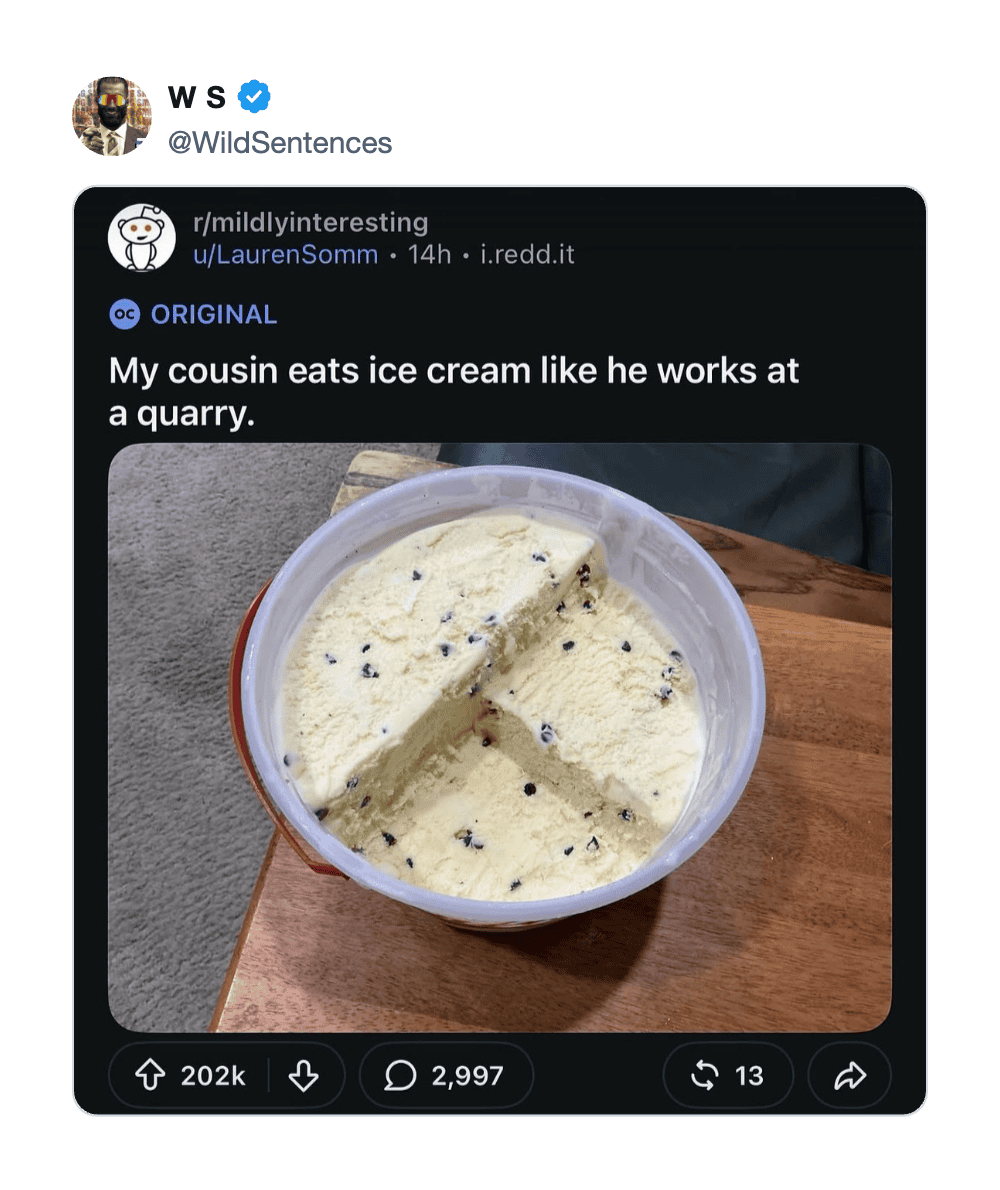 A tub of ice cream with black sprinkles, captioned about eating ice cream at a quarry.