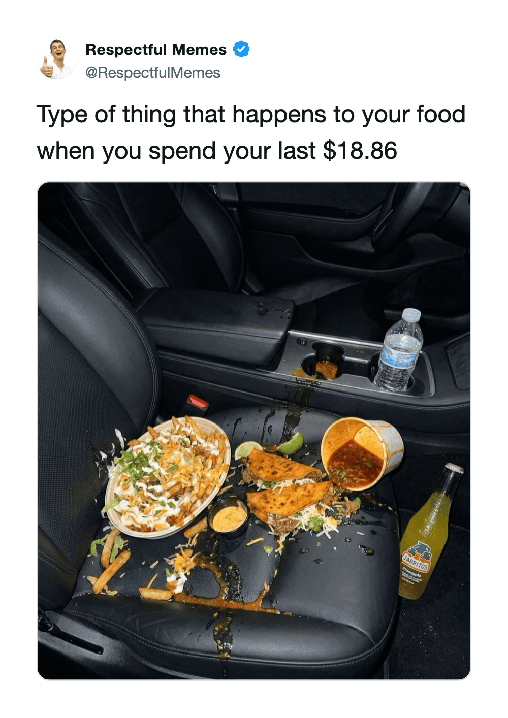 Food spilled on car seat with a bowl of noodles, chicken, and drinks, costing $18.86.