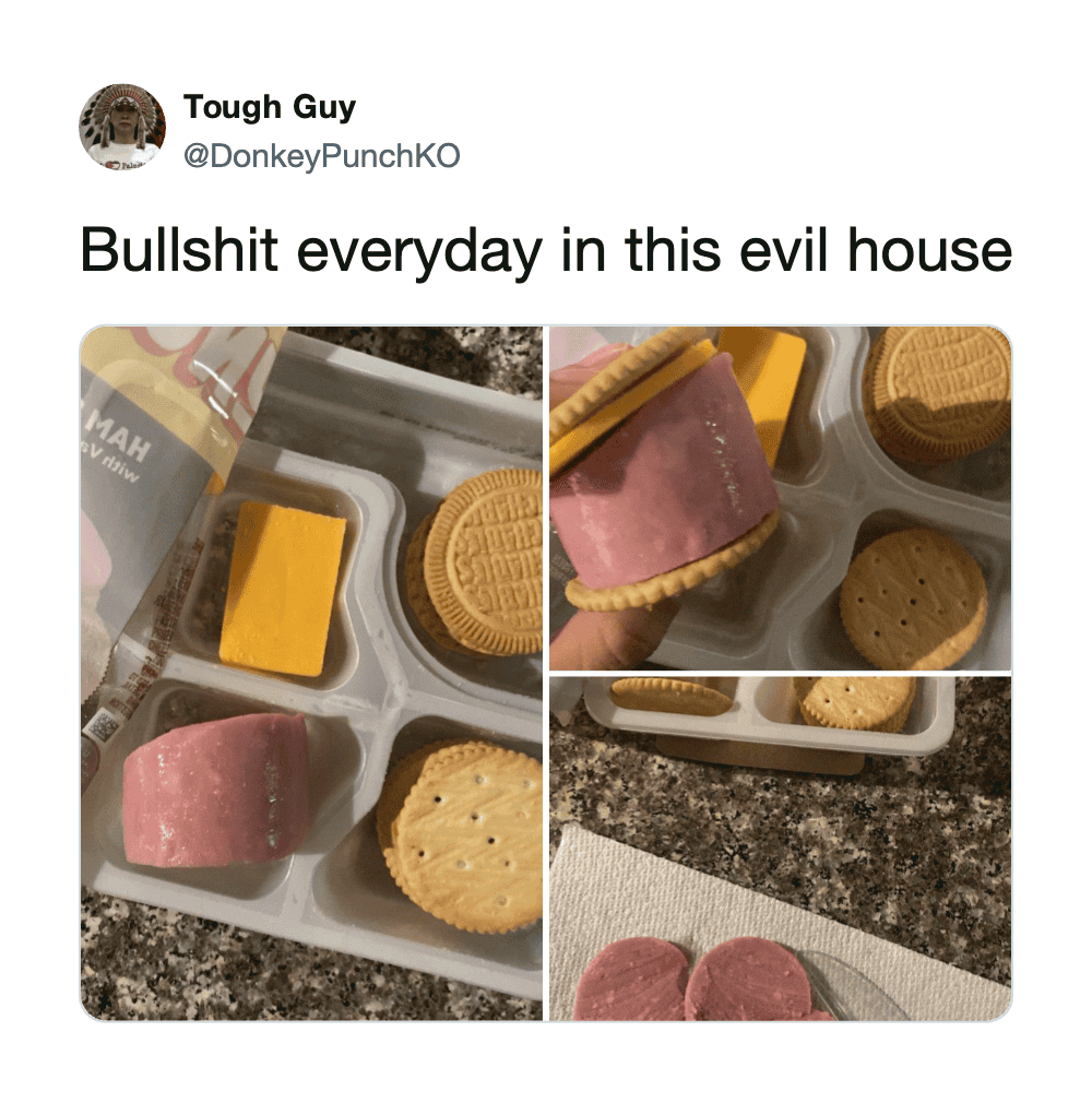 Assorted cookies and ice cream sandwiches on a tray with a caption about an evil house.