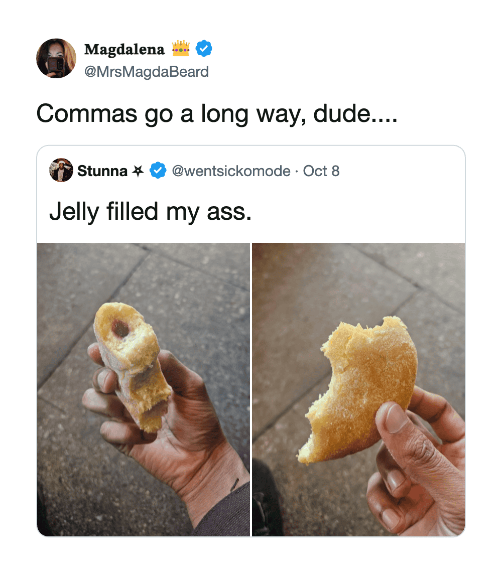 Two photos of a hand holding a jelly-filled snack, one whole and one bitten.