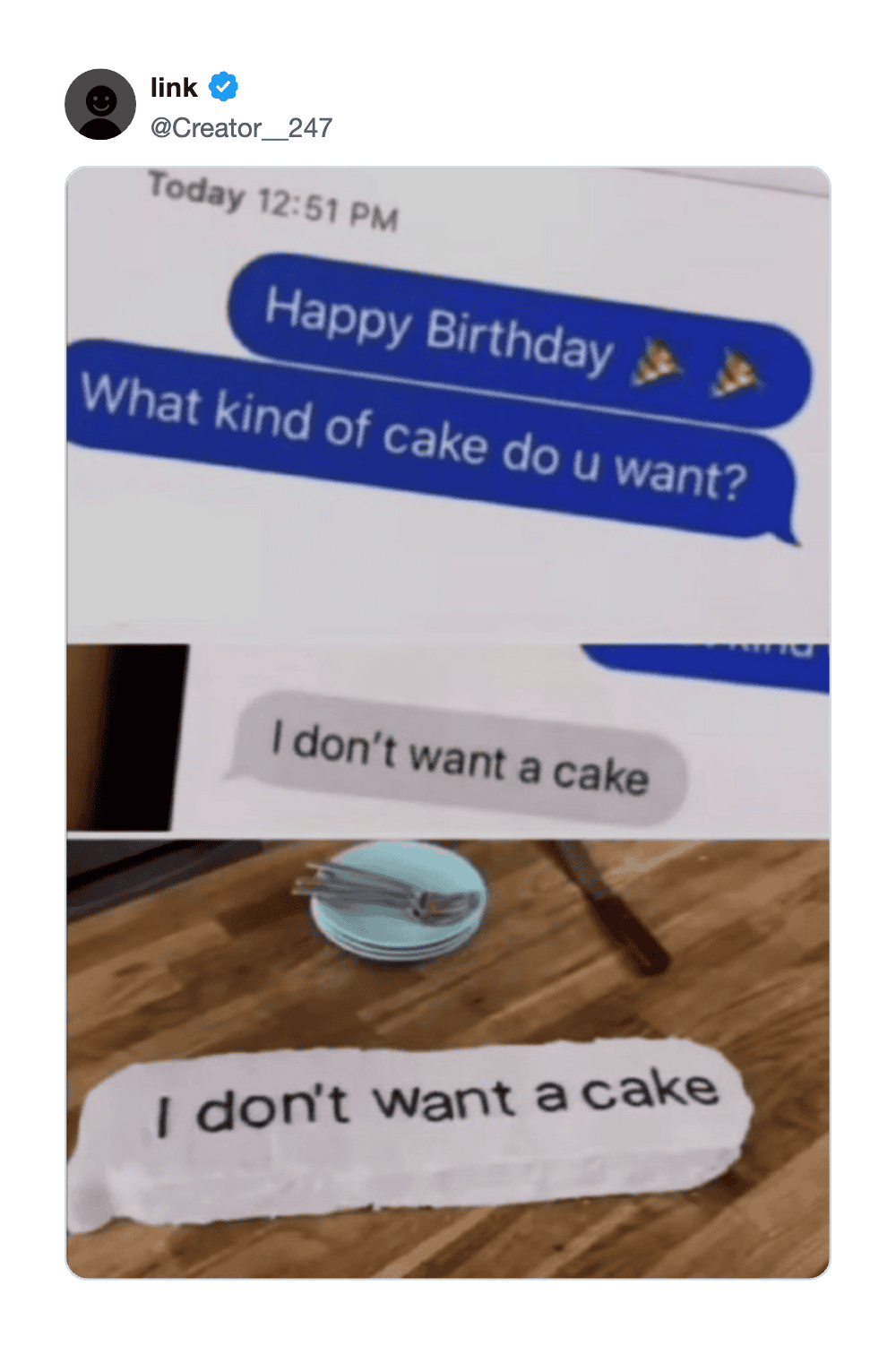 Text conversation about birthday cake, with a plate and a paper saying 'I don't want a cake'.