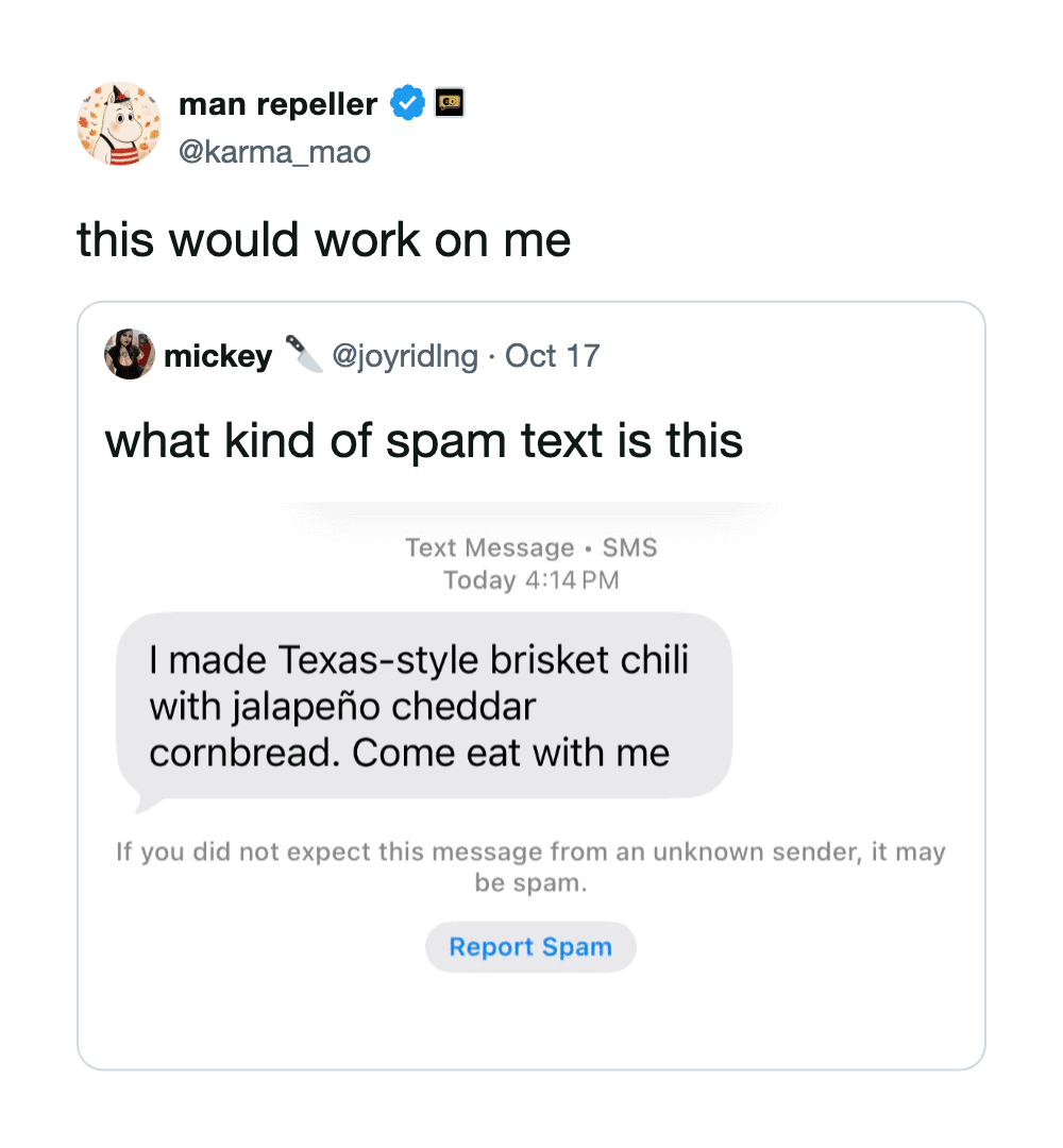 Screenshot of a spam text message about Texas-style brisket chili with jalapeño cheddar cornbread.
