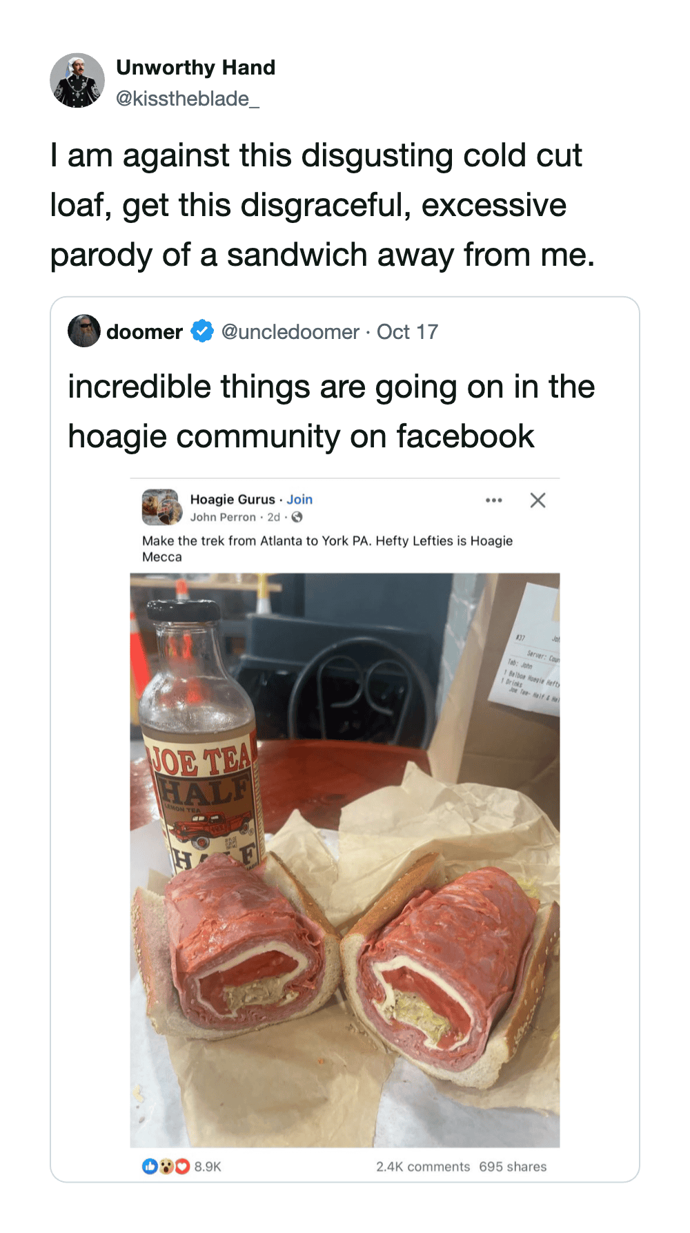 Photo of a sandwich with a bottle of Joe Tea Half and a sandwich with ham and lettuce.