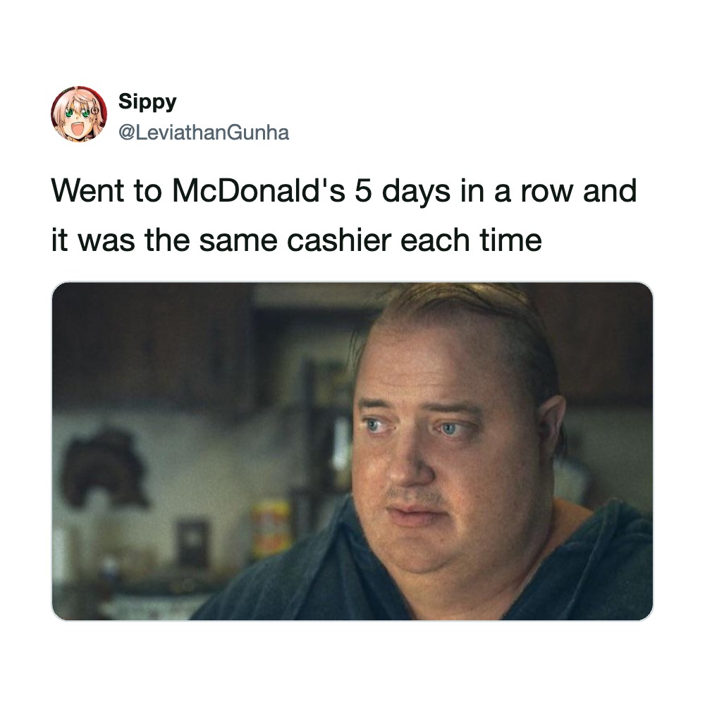 Man with a sad expression in a kitchen, meme about McDonald's cashier experience.