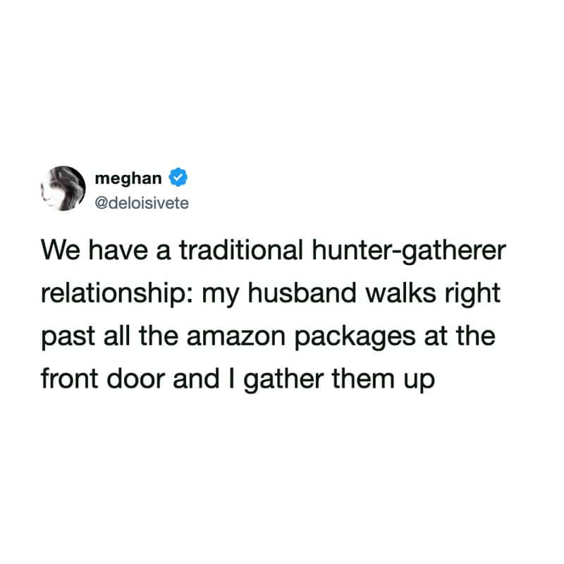 A tweet from meghan about her husband gathering amazon packages at the door.