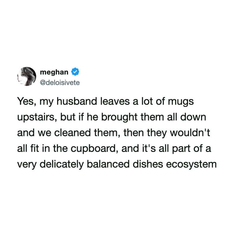 Meghan's tweet about her husband's mug collection and cleaning routine.
