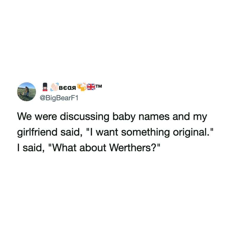 Twitter post about baby names and original ideas, mentioning Werthers.