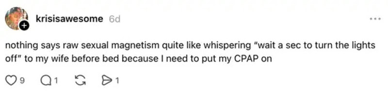 A humorous social media post about raw sexual magnetism and whispering to a wife.