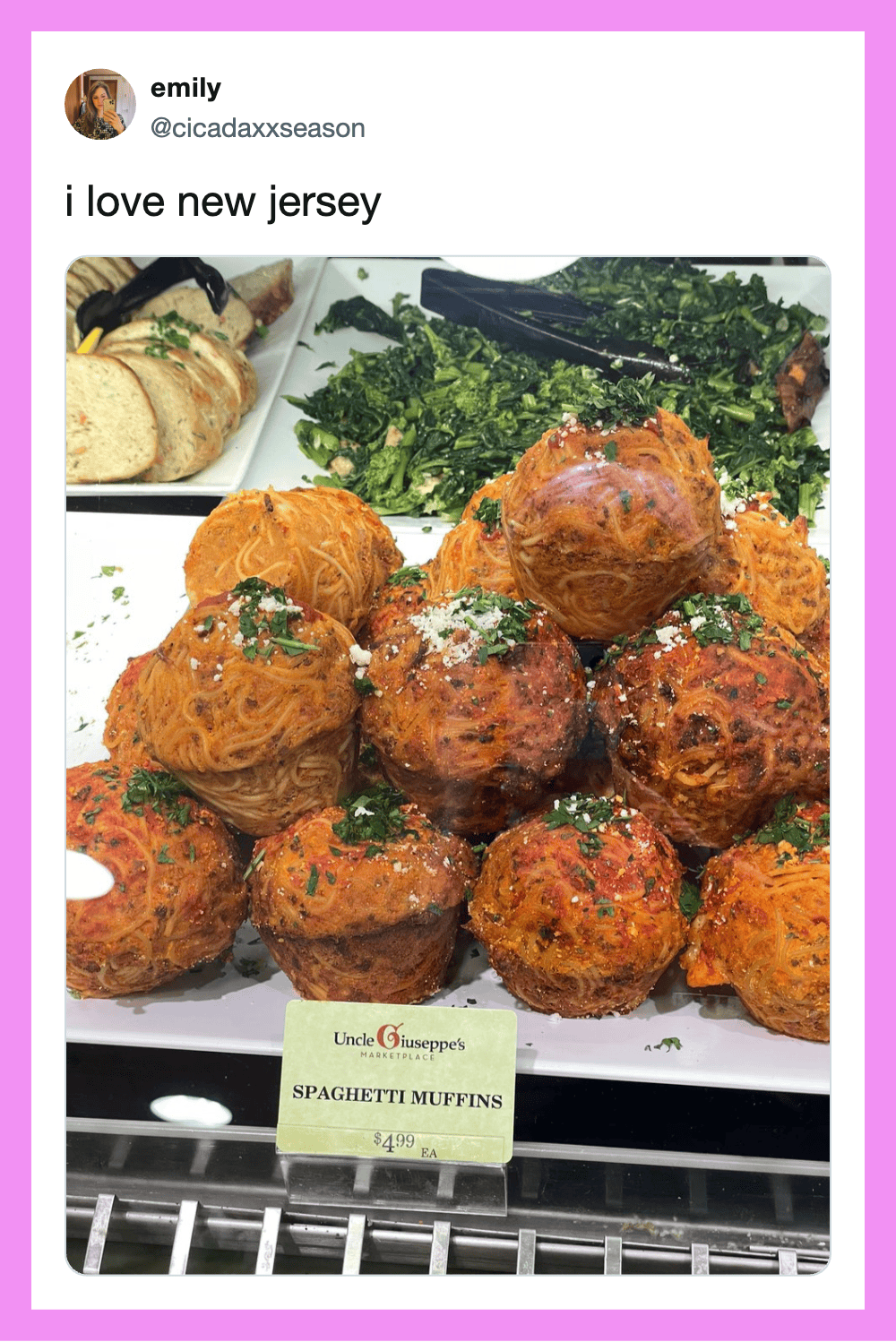 I love new jersey - woman tweets image of spaghetti muffins in display case.