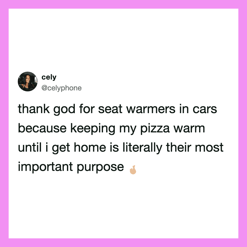 Thank god for seat warmers in cars because keeping my pizza warm until i get home is literally their.