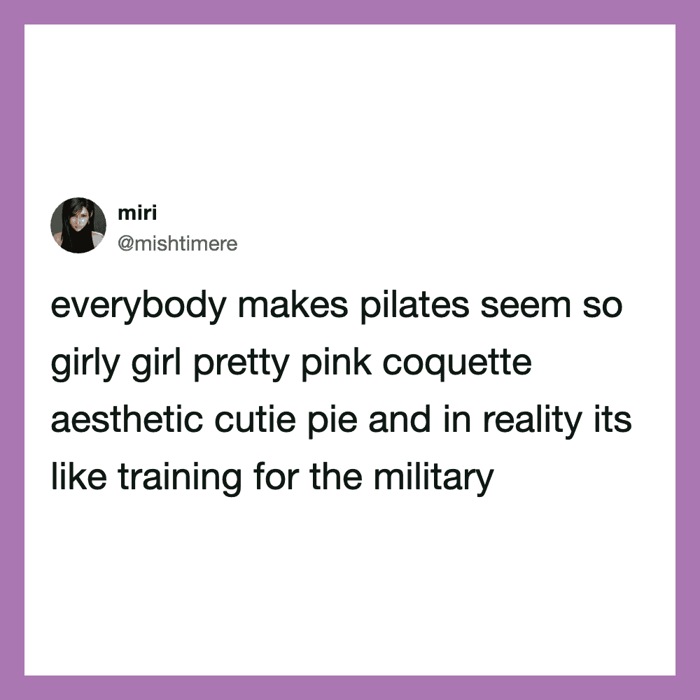 Social media post by @mishtimere about Pilates and military training.