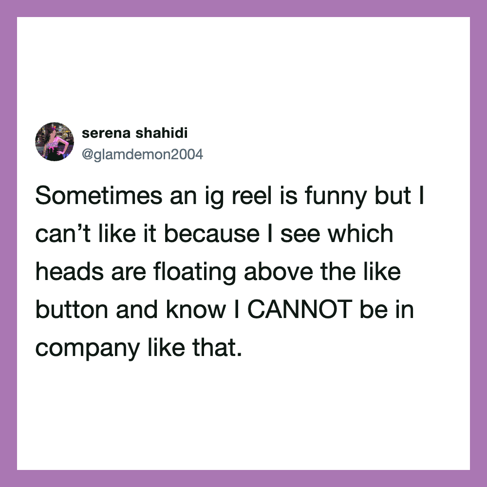 Instagram reel joke about heads floating above like button.