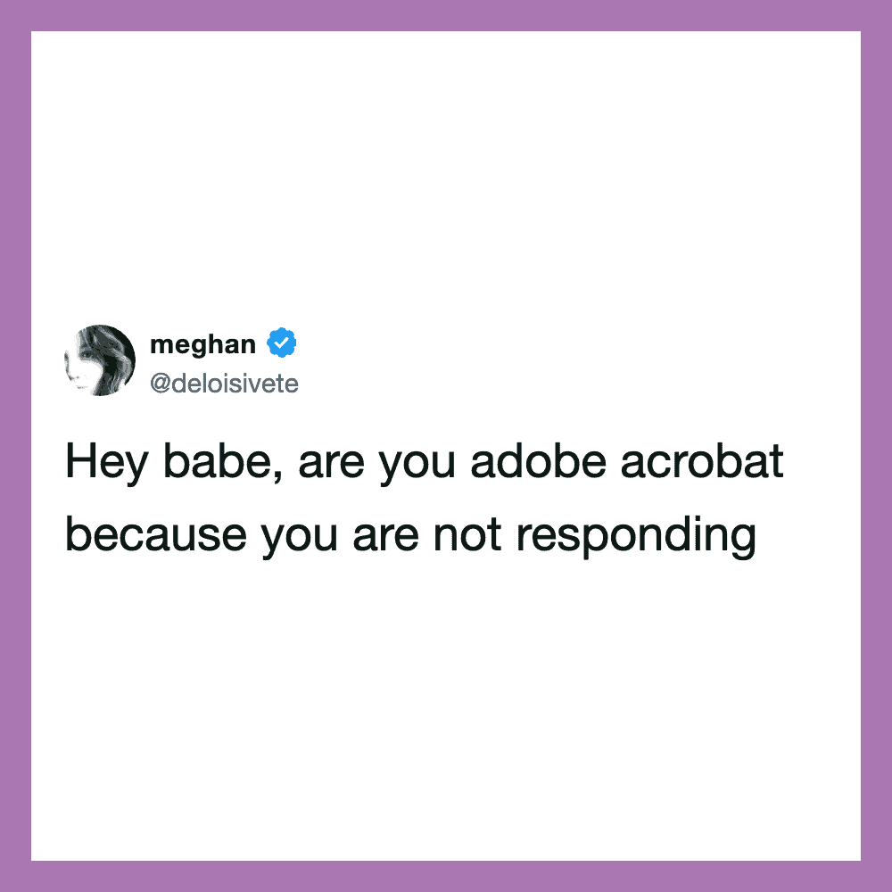 Tweet from meghan: Hey babe, are you adobe acrobat because you are not responding.
