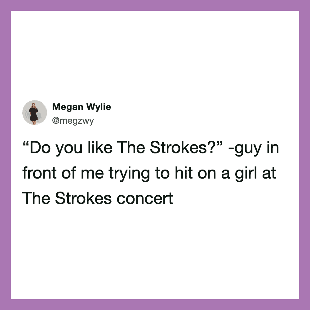 Tweet by Megan Wylie about a guy in front of her at The Strokes concert.