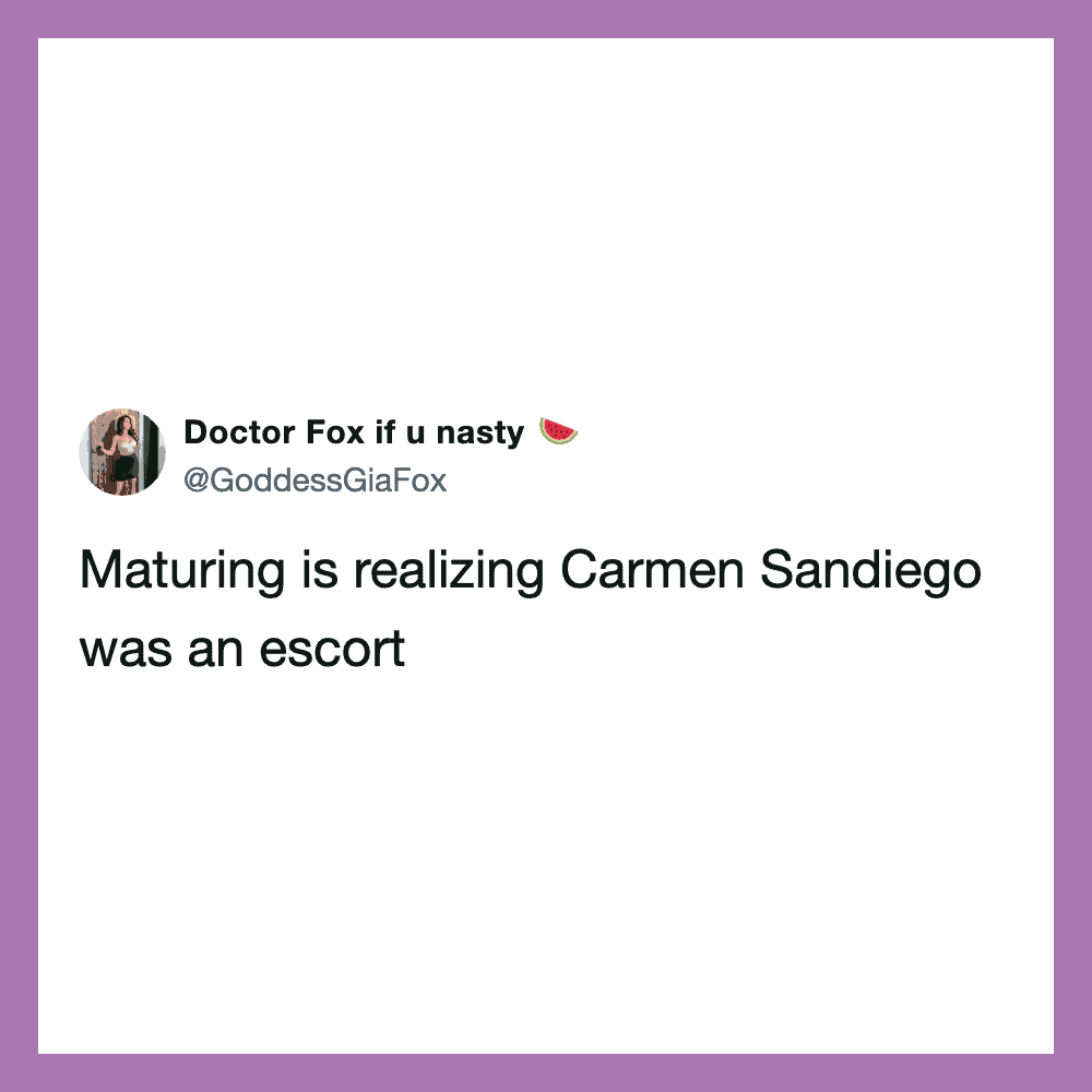 Tweet by Doctor Fox if u nasty about Carmen Sandiego as an escort.