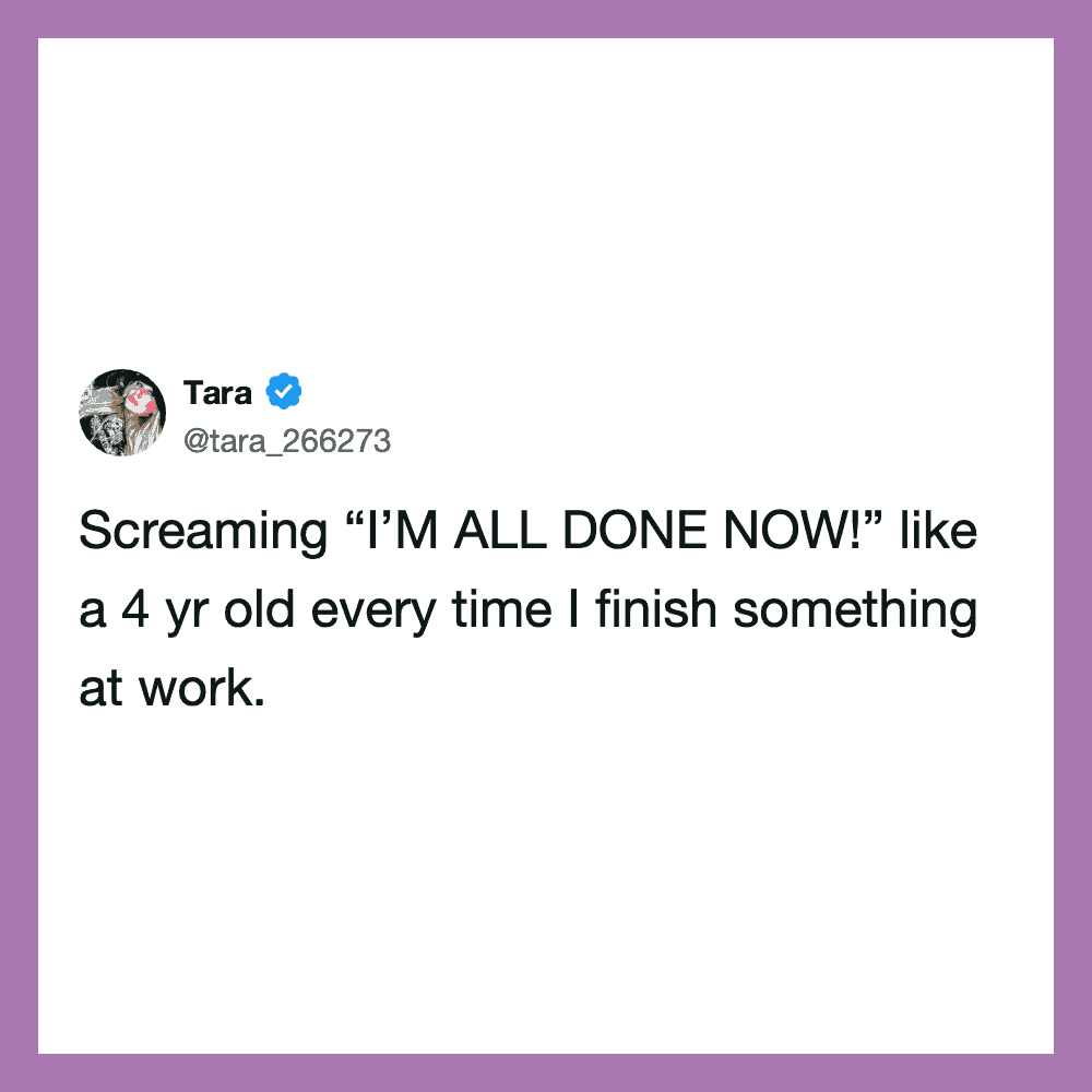 Tara's tweet about feeling exhausted after work.