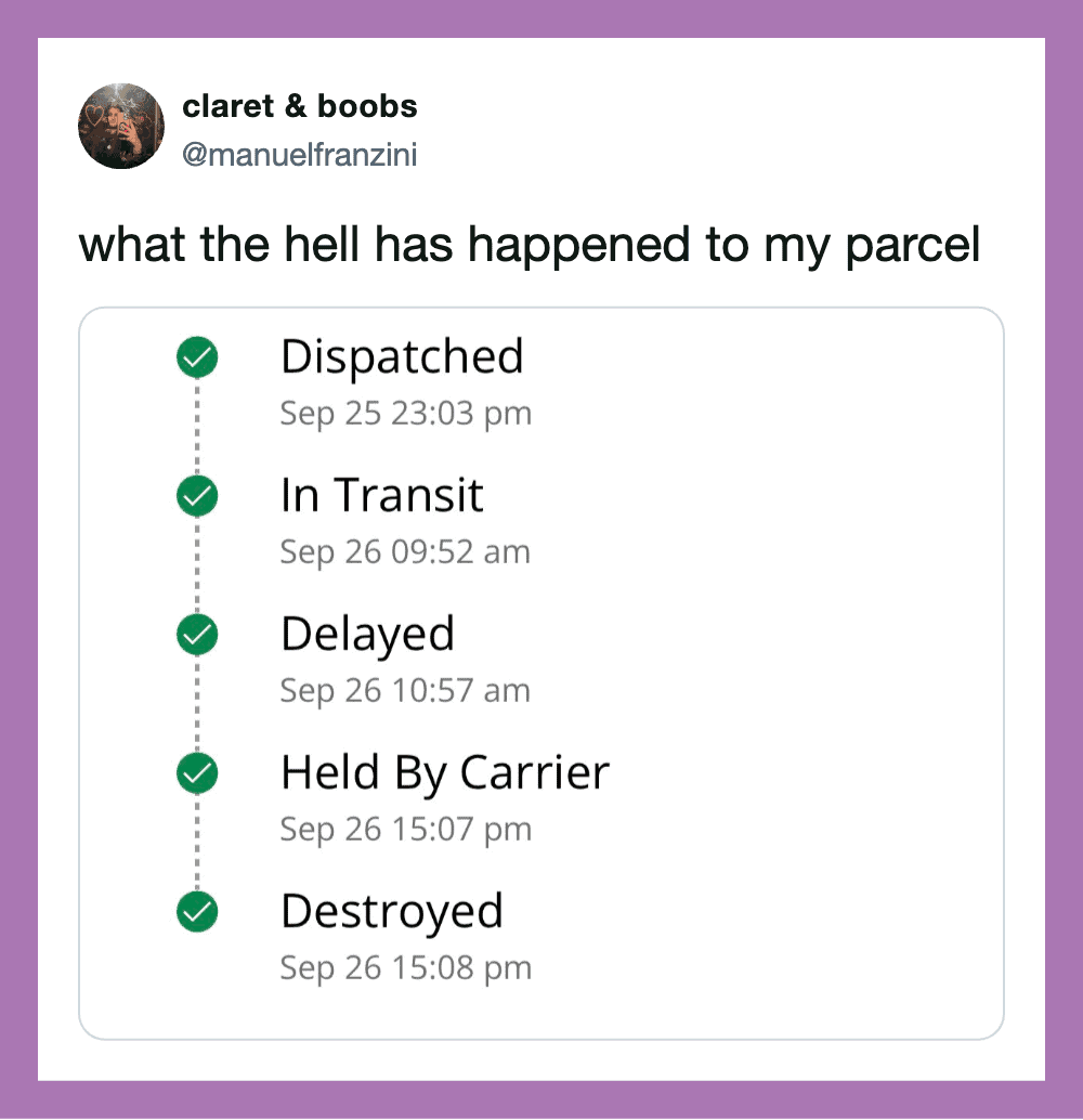Parcel delivery status timeline from dispatched to destroyed.