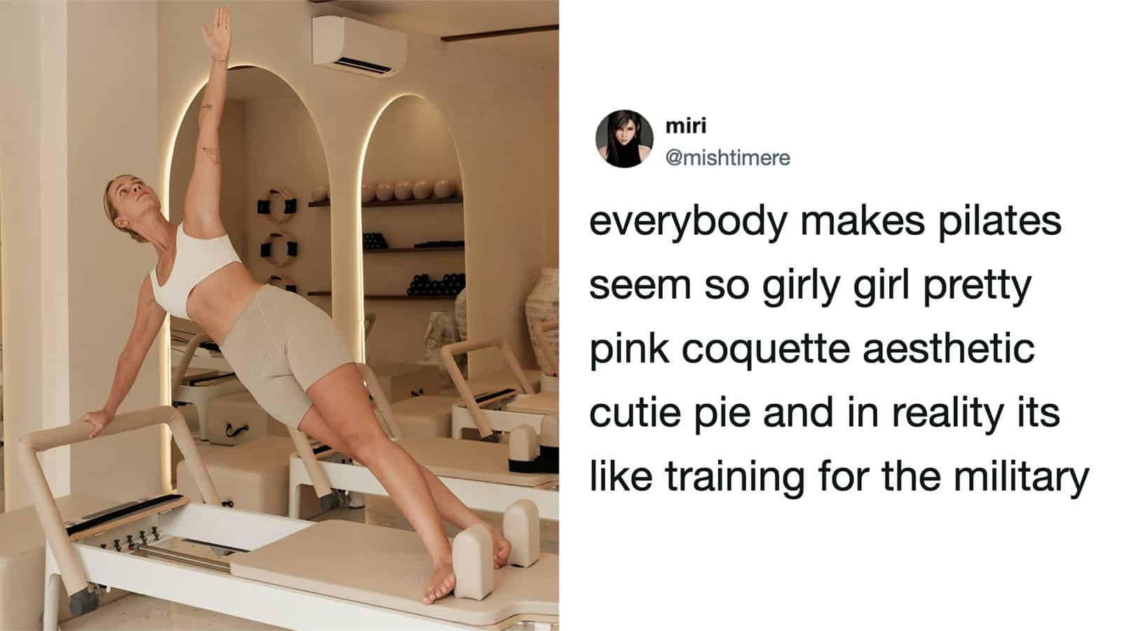 Woman doing Pilates on reformer machine in a studio with mirrors and shelves.