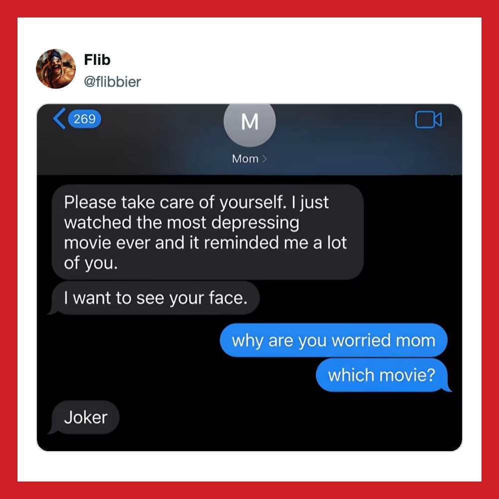 Text message conversation about a depressing movie and wanting to see a face.
