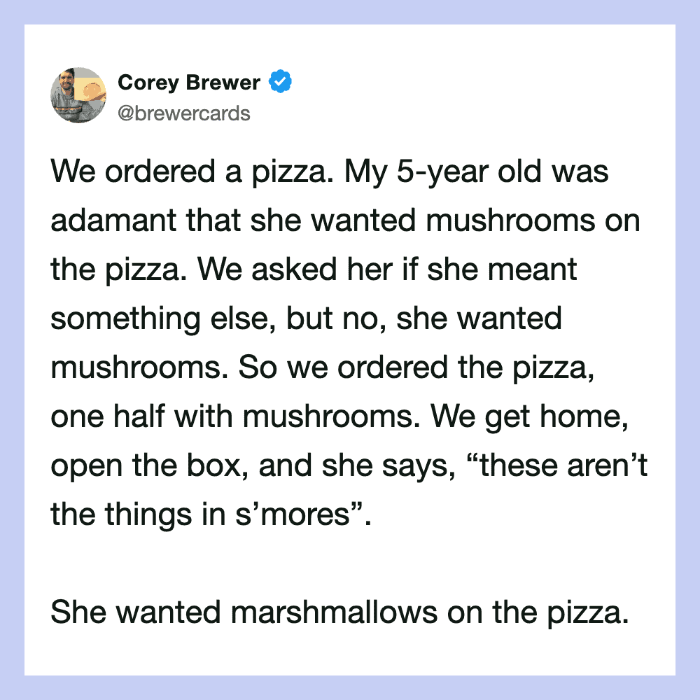 Corey Brewer's tweet about ordering a pizza with mushrooms for his 5-year-old.
