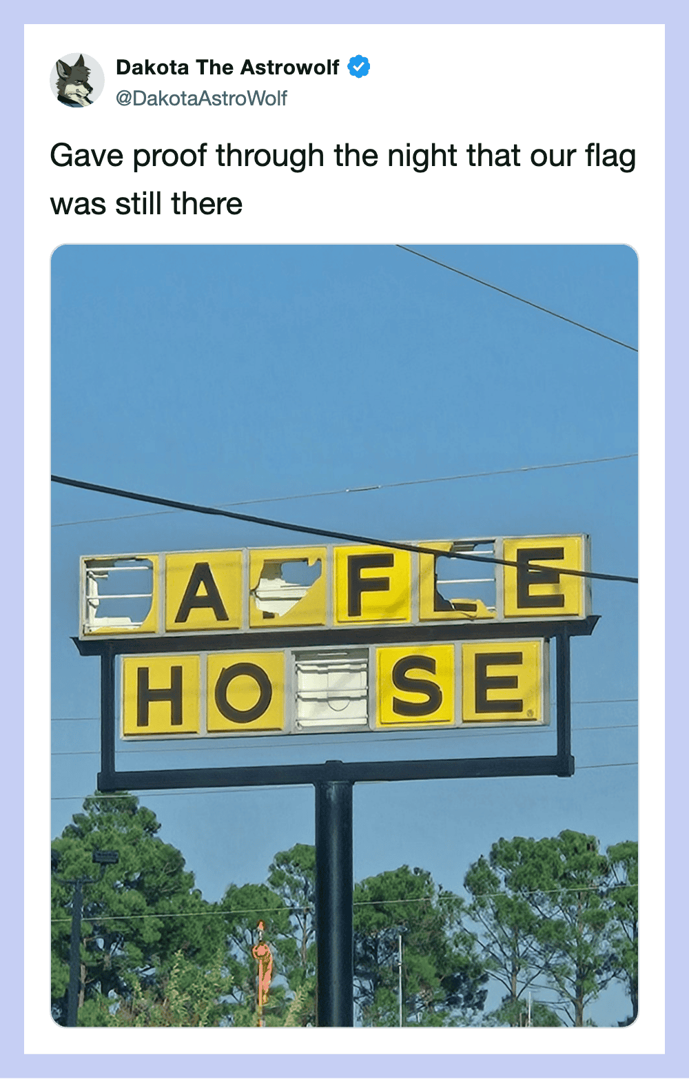 Proof of the flag still there, with the sign reading 'AILE HOSE'.